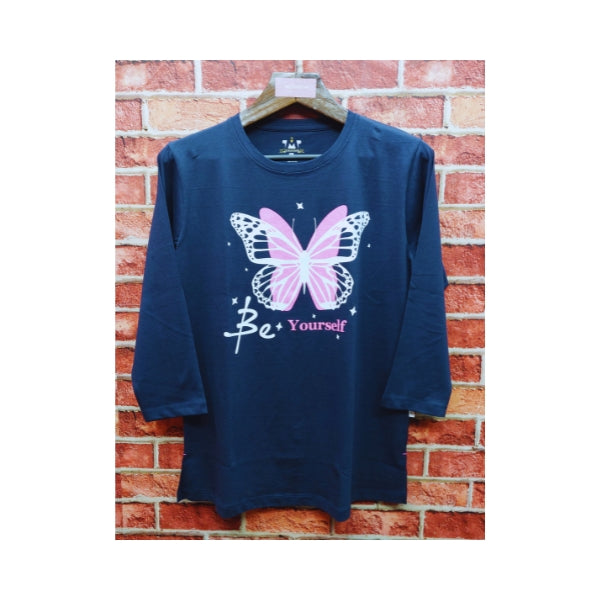 Womens Premium Full Sleeve T-Shirt-Butterfly Navy