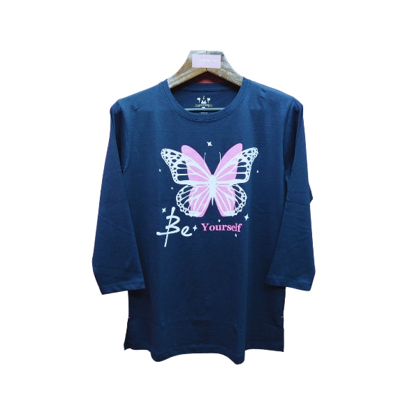 Womens Premium Full Sleeve T-Shirt-Butterfly Navy