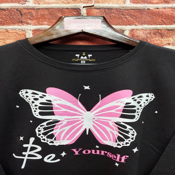 Womens Premium Full Sleeve T-Shirt-Butterfly Black