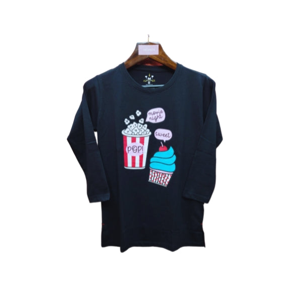 Womens Premium Full Sleeve T-Shirt-Popcorn Black