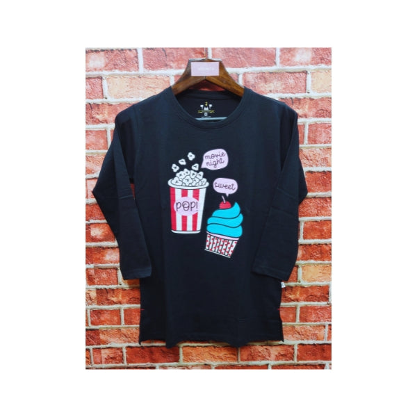 Womens Premium Full Sleeve T-Shirt-Popcorn Black